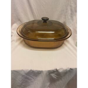 Vintage Corning Vision Amber V-34-B, 4 Quart Ribbed Roaster With Lid